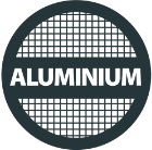 Rundes Symbol mit dem Schriftzug Aluminium auf einem Gittermuster.